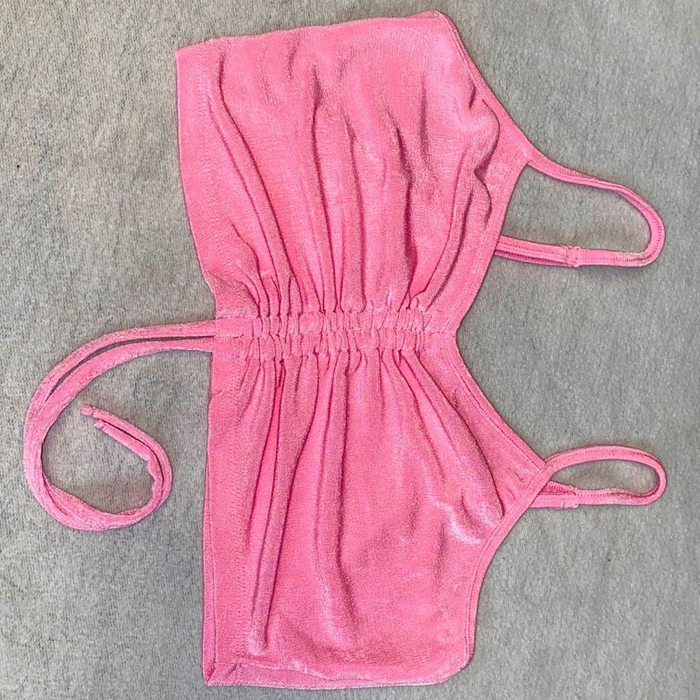 Size L , Pink 3 piece outfit , crop top with a crop top cover up with mini skirt